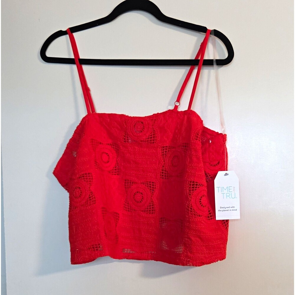 Time and Tru Red Crochet Spaghetti Strap Square Neck Cropped Cami Top, XL